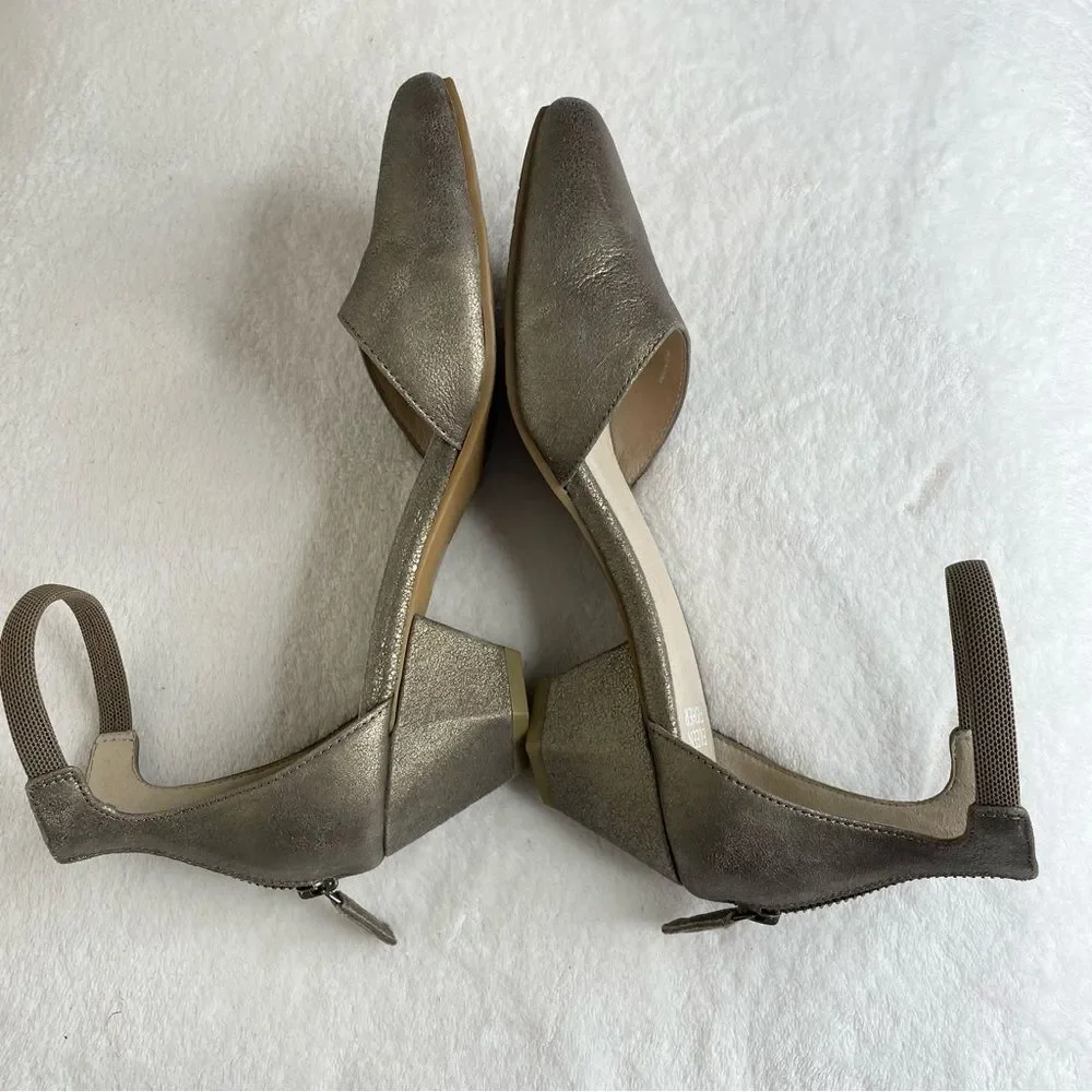 Eileen Fisher Heels Metallic Leather Ankle Strap Zip Back Pumps Gold Size 7.5